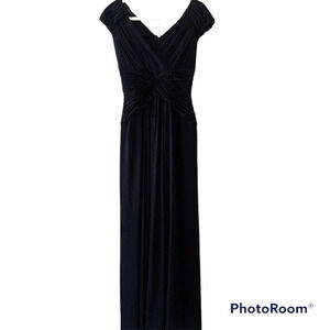 Tadashi Shoji Midnight Blue Ruched Bodice V Neck Cap Sleeve Gown Size XS